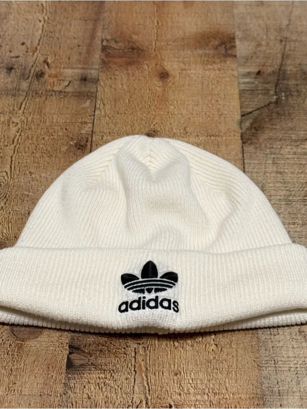 Adidas White Cream Trefoil Knit Beanie Winter Hat Black Embroidered OSFM
